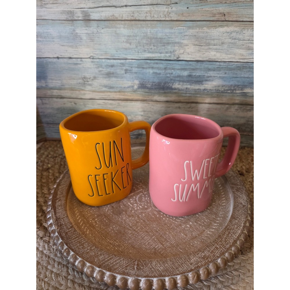 Rae Dunn Sun Seeker Sweet Summer Ceramic Mug Set Orange Pink 2 Piece - Picture 4 of 6
